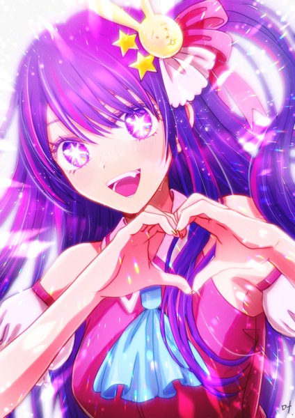 Anime picture 3541x5016 with oshi no ko hoshino ai (oshi no ko) kano mitsuki single long hair tall image highres open mouth purple eyes absurdres purple hair upper body :d one side up symbol-shaped pupils girl hair ornament star (symbol) ascot star hair ornament