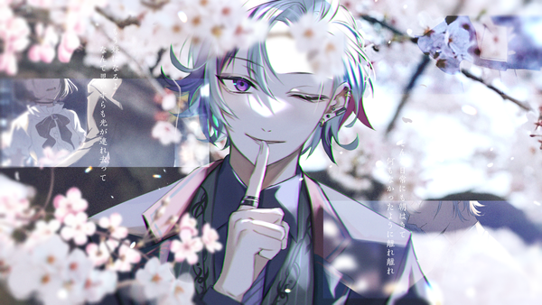 Anime picture 2880x1620 with virtual youtuber nijisanji fuwa minato michikake16 single looking at viewer highres short hair wide image purple eyes silver hair upper body one eye closed text piercing cherry blossoms finger to mouth ear piercing shaded face multiview