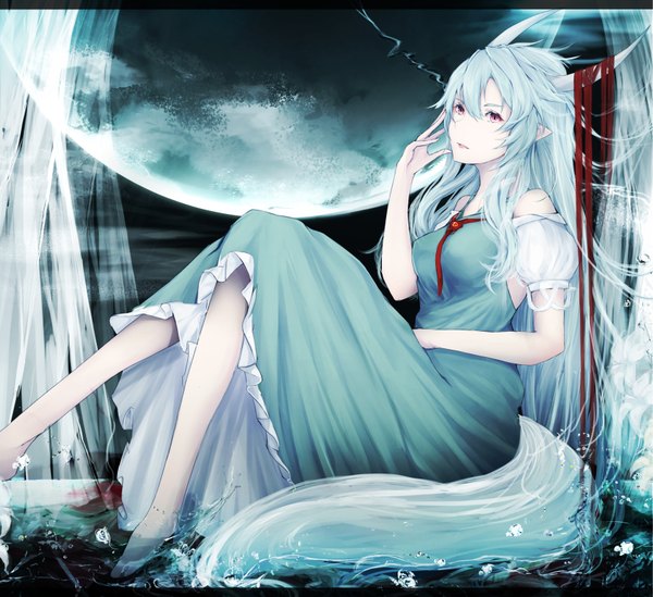 Anime picture 1700x1556 with touhou kamishirasawa keine ex-keine marumoru single long hair looking at viewer fringe red eyes sitting tail animal tail barefoot horn (horns) green hair pointy ears cover page girl dress ribbon (ribbons)
