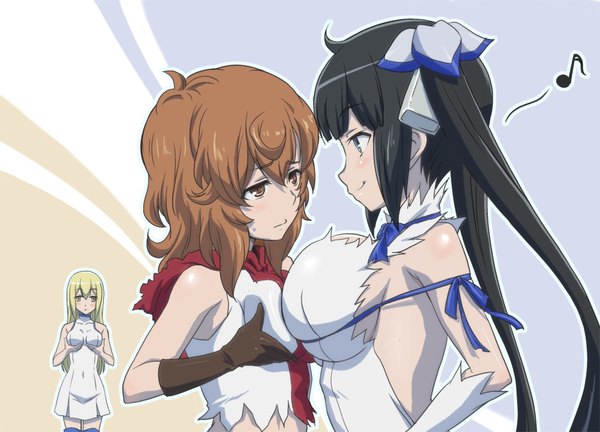 Anime picture 1000x721 with dungeon ni deai wo motomeru no wa machigatteiru darou ka j.c. staff hestia (danmachi) aiz wallenstein liliruka aede niriru long hair looking at viewer blush fringe short hair breasts blue eyes light erotic black hair blonde hair smile hair between eyes brown hair large breasts