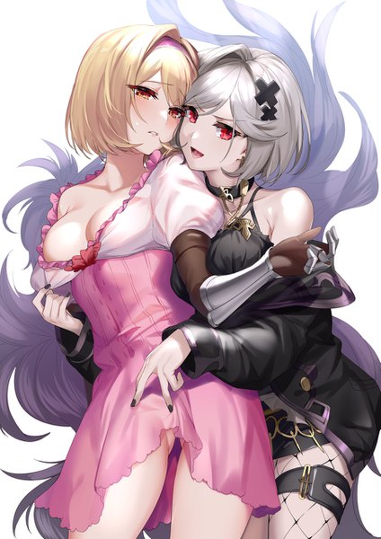 Anime picture 905x1280 with granblue fantasy gita (granblue fantasy) alter ego malevolent (granblue fantasy) aki tall image blush short hair breasts open mouth light erotic simple background blonde hair smile red eyes standing white background bare shoulders multiple girls brown eyes cleavage