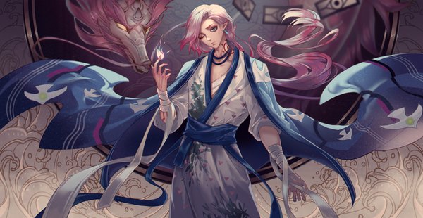 Anime picture 4020x2079 with onmyoji ichimoku ren (onmyoji) sanh single looking at viewer highres blue eyes wide image standing pink hair absurdres very long hair traditional clothes head tilt japanese clothes one eye closed pointy ears tattoo floating hair fantasy