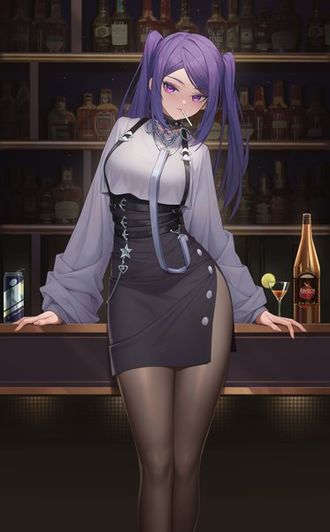 Anime picture 4000x6432 with va-11 hall-a jill stingray xzu single long hair tall image looking at viewer fringe highres breasts standing twintails purple eyes holding payot absurdres purple hair indoors long sleeves nail polish