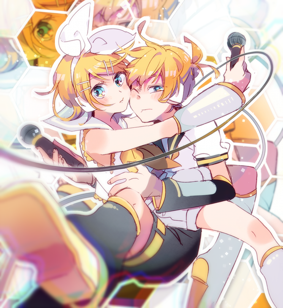 Anime picture 1000x1088 with vocaloid kagamine rin kagamine len makoji (yomogi) tall image looking at viewer blush short hair blonde hair one eye closed hug siblings twins sailor collar brother and sister cheek-to-cheek girl boy bow hair bow