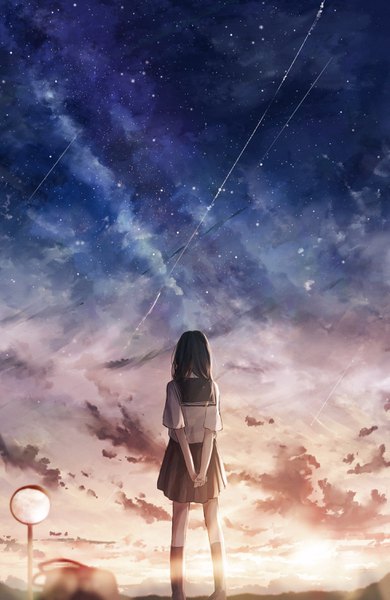 Anime picture 1953x3000 with original amenomori howa single long hair tall image highres black hair standing sky cloud (clouds) full body outdoors pleated skirt from behind short sleeves back hands behind back landscape scenic shooting star