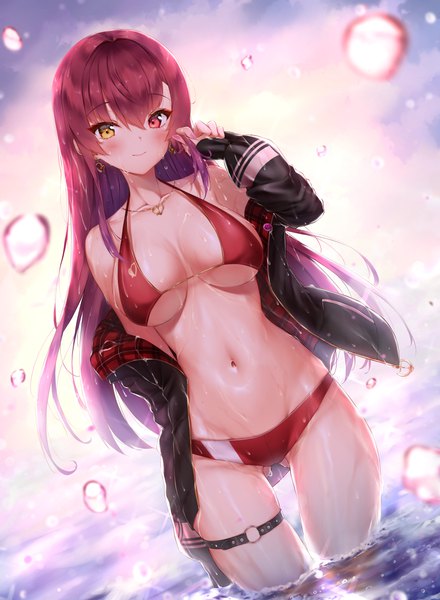 Anime picture 3000x4092 with virtual youtuber hololive houshou marine houshou marine (summer) ijac ray single long hair tall image looking at viewer blush fringe highres breasts light erotic smile hair between eyes red eyes large breasts standing yellow eyes