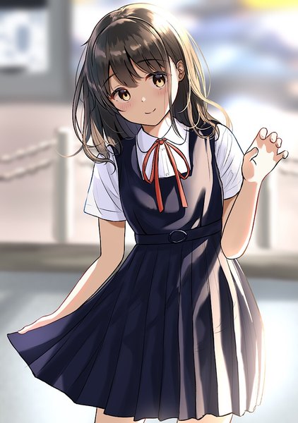 Anime picture 774x1100 with original burenbo single long hair tall image looking at viewer blush fringe breasts smile brown hair standing holding yellow eyes blunt bangs head tilt arm up blurry short sleeves depth of field