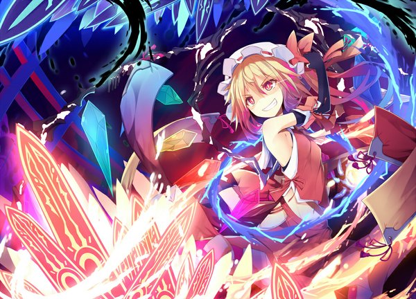 Anime picture 1000x720 with touhou flandre scarlet ichiyan (artist) single short hair blonde hair smile red eyes girl dress gloves wings elbow gloves bonnet fire crystal
