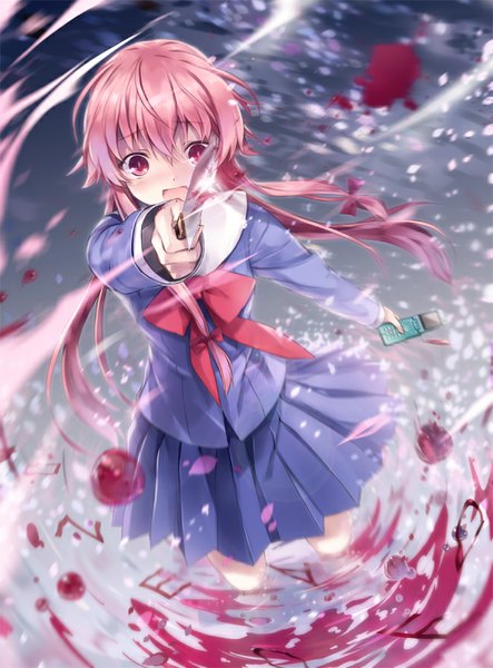 Anime picture 650x879 with mirai nikki gasai yuno 6u (eternal land) single long hair tall image blush fringe open mouth hair between eyes twintails pink hair pleated skirt pink eyes blurry dutch angle low twintails bloody weapon girl skirt
