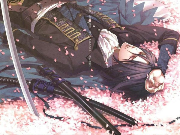 Anime picture 1024x768 with hakuouki shinsengumi kitan studio deen hijikata toshizou (hakuouki) single short hair black hair lying eyes closed scan inscription official art cherry blossoms hieroglyph hand on head sleeping boy uniform flower (flowers) weapon petals