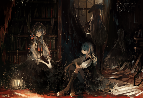 Anime picture 1000x693 with original asahiro long hair fringe smile standing sitting multiple girls looking away silver hair bent knee (knees) eyes closed night night sky crossed legs light girl dress ribbon (ribbons) hat