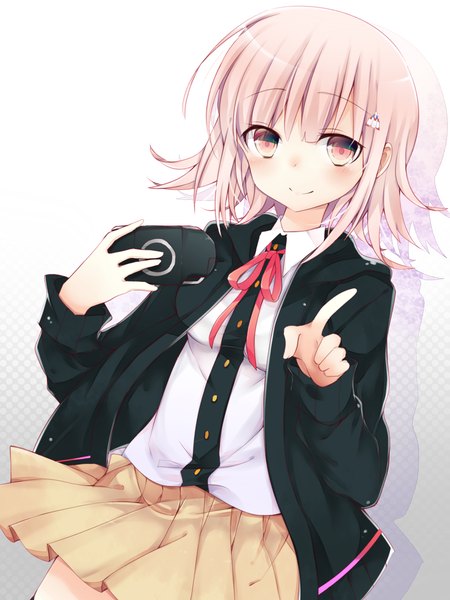 Anime picture 1200x1600 with dangan ronpa nanami chiaki sum (pixiv id4404716) single tall image looking at viewer blush short hair simple background pink hair pleated skirt pink eyes light smile girl skirt uniform ribbon (ribbons) school uniform buttons yellow skirt