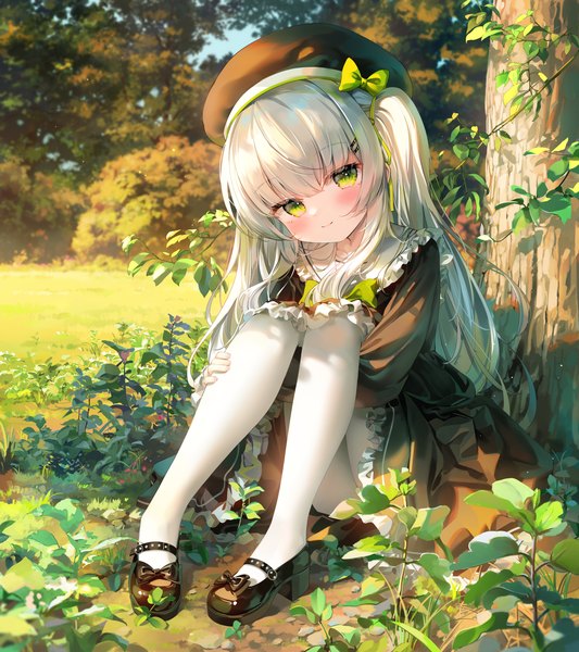 Anime picture 2835x3189 with original chen bin single long hair tall image looking at viewer blush fringe highres light erotic smile hair between eyes sitting green eyes payot silver hair full body bent knee (knees) outdoors long sleeves