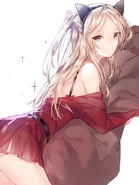 Anime picture 646x859 with original touwa nikuman single long hair tall image looking at viewer fringe simple background blonde hair white background animal ears cat ears grey eyes fake animal ears pillow hug girl dress bow belt pillow