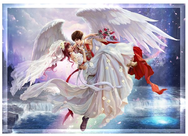 Anime picture 1540x1116 with sunmomo long hair short hair bare shoulders couple angel wings head wings angel girl dress boy flower (flowers) petals wings water white dress rose (roses) jewelry bouquet wedding dress