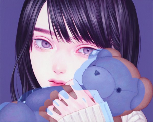 Anime picture 2048x1637 with original konno mayumi single looking at viewer fringe highres short hair black hair purple eyes long sleeves realistic sleeves past wrists close-up expressionless purple background traditional media girl toy stuffed animal stuffed toy