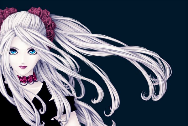 Anime-Bild 800x538 mit kunishige keiichi single long hair looking at viewer blue eyes purple hair hair flower lipstick blue background pale skin makeup girl hair ornament flower (flowers) rose (roses) red rose