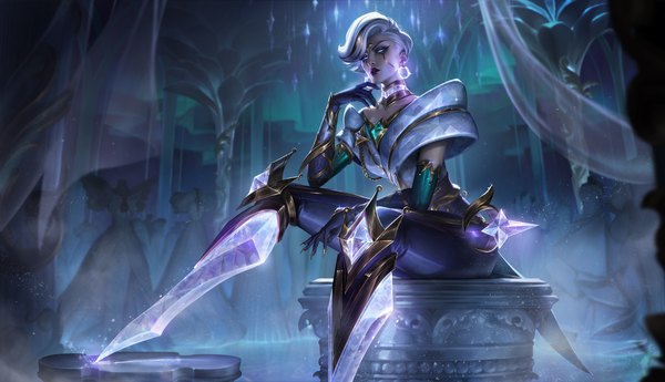 Anime picture 3840x2205 with league of legends camille (league of legends) prestige winterblessed camille ina wong single looking at viewer highres short hair blue eyes wide image sitting absurdres white hair multicolored hair blurry night official art streaked hair night sky lipstick