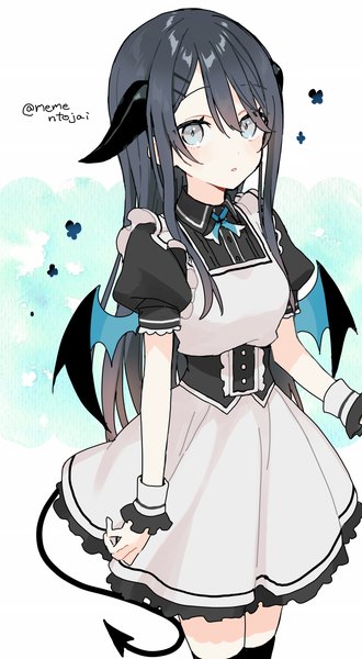 Anime picture 1500x2725 with original black-haired girl (memeno) memeno single long hair tall image looking at viewer blush fringe open mouth black hair simple background hair between eyes standing signed payot tail horn (horns) maid grey eyes
