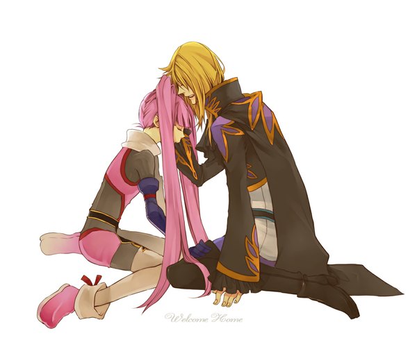 Anime picture 1100x900 with tales of graces sophie (tales) richard (tales) long hair open mouth simple background blonde hair white background twintails purple hair eyes closed couple kneeling girl boy suit