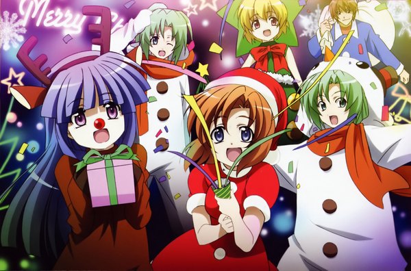 Anime picture 2177x1437 with higurashi no naku koro ni studio deen ryuuguu rena furude rika sonozaki mion houjou satoko sonozaki shion maebara keiichi morimoto hirofumi long hair looking at viewer fringe highres short hair open mouth blue eyes blonde hair smile hair between eyes brown hair