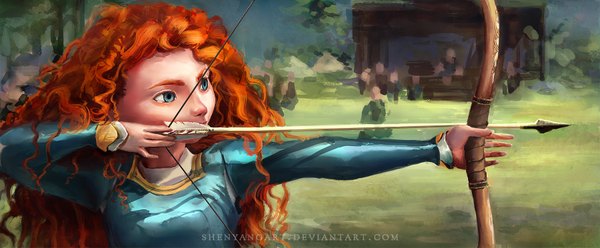 Anime picture 1800x744 with brave disney merida shenyangart single long hair highres breasts blue eyes wide image holding looking away profile aqua eyes orange hair inscription curly hair girl weapon plant (plants)