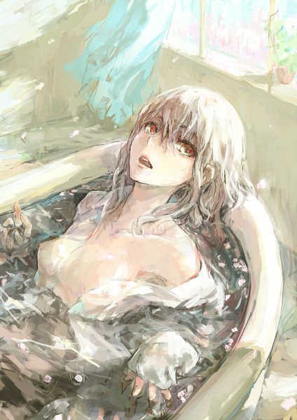 Anime picture 626x885 with original toritoritottori single long hair tall image fringe breasts open mouth light erotic red eyes sitting bare shoulders white hair wind sunlight open clothes open shirt light wet clothes naked shirt