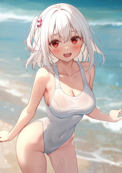 Anime picture 2508x3541 with original tisshu (karutamo) karutamo single tall image looking at viewer blush fringe highres short hair breasts open mouth light erotic smile hair between eyes red eyes large breasts standing outdoors white hair
