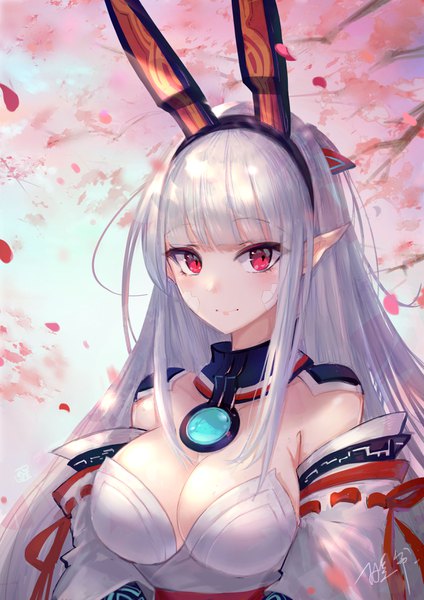 Anime picture 2480x3507 with aura kingdom kotonoha (aura kingdom) xing single long hair tall image looking at viewer blush fringe highres breasts light erotic red eyes large breasts signed animal ears payot cleavage silver hair upper body