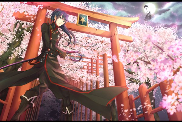 Anime picture 1209x816 with d.gray-man kanda yuu millennium earl mokuri long hair looking at viewer fringe blue eyes smile standing holding sky purple hair cloud (clouds) ponytail wind night from below cherry blossoms flying