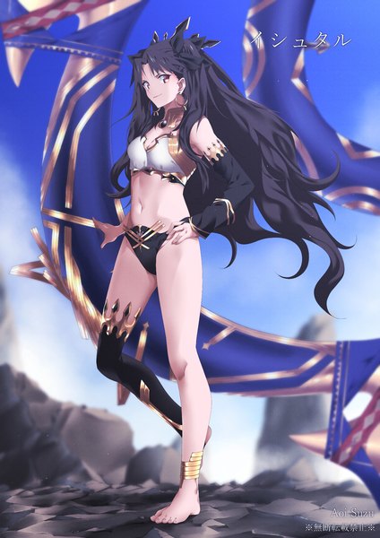 Anime picture 1405x1988 with fate (series) fate/grand order ishtar (fate) aoi suzu single long hair tall image light erotic black hair standing signed yellow eyes full body outdoors barefoot wind character names hand on hip standing on one leg girl