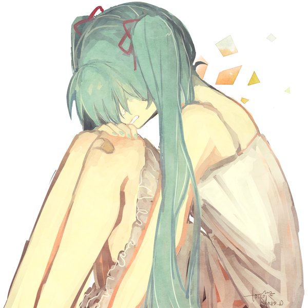 Anime picture 1024x1024 with vocaloid hatsune miku tocco single long hair simple background white background sitting twintails bare shoulders profile aqua hair teeth bare legs sad injury girl dress white dress