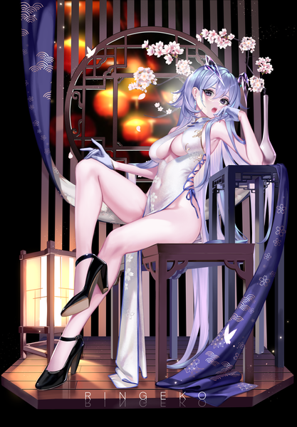 Anime picture 4409x6340 with original ringeko-chan single tall image looking at viewer blush fringe highres breasts open mouth light erotic hair between eyes sitting signed absurdres silver hair full body bent knee (knees) very long hair traditional clothes