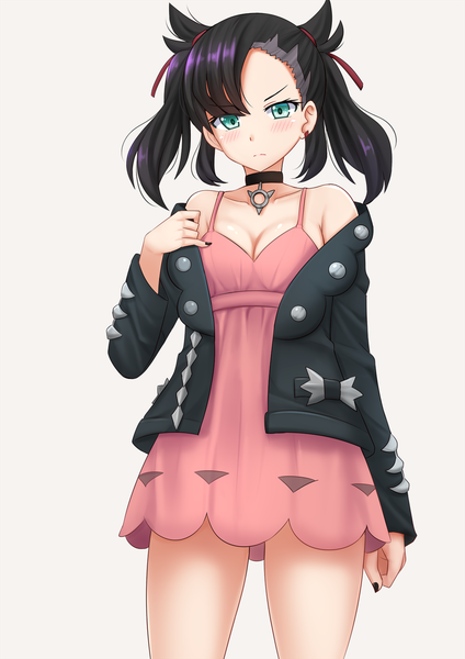 Anime picture 1200x1697 with pokemon pokemon (game) pokemon swsh nintendo marnie (pokemon) kazenokaze single tall image looking at viewer blush fringe short hair black hair simple background standing twintails bare shoulders green eyes payot cleavage
