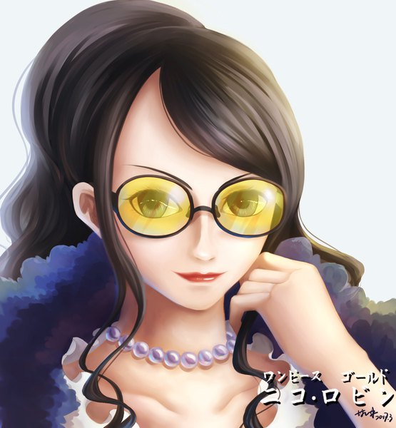 Anime picture 1748x1889 with one piece one piece film: gold toei animation nico robin yan xiao qi single long hair tall image looking at viewer highres black hair simple background white background signed payot upper body light smile lips fur trim character names