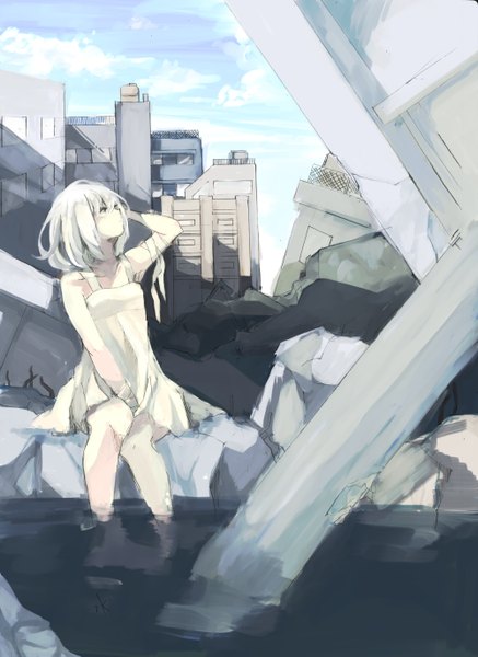Anime picture 2000x2746 with original pyon0x0 zombie neko single tall image highres short hair blue eyes sky cloud (clouds) white hair sunlight looking up pale skin destruction girl dress water white dress building (buildings)