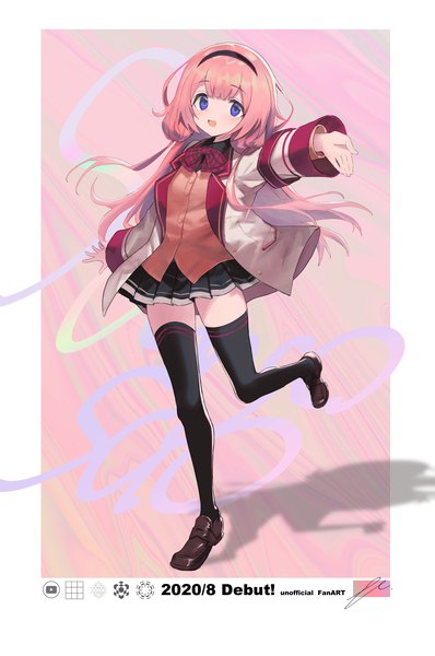 Anime picture 1427x2150 with virtual youtuber nijisanji suou sango hayama eishi single long hair tall image looking at viewer open mouth blue eyes standing pink hair full body :d pleated skirt shadow zettai ryouiki border dated standing on one leg
