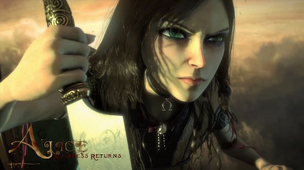 Anime picture 1920x1080 with american mcgee's alice (game) alice: madness returns alice (american mcgee's) single long hair highres black hair wide image green eyes 3d girl weapon collar knife horseshoe