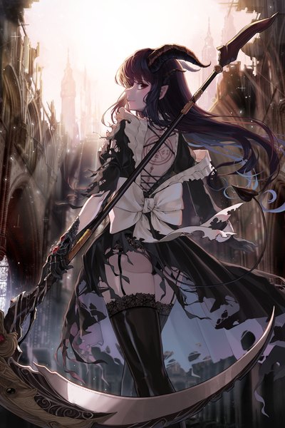 Anime picture 2400x3600 with original kokukyukeo single long hair tall image looking at viewer blush fringe highres light erotic black hair red eyes standing holding ass tail profile looking back horn (horns) light smile