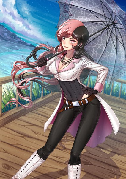 Anime picture 1240x1754 with rwby rooster teeth neopolitan (rwby) adsouto single long hair tall image looking at viewer blush fringe breasts open mouth light erotic black hair smile large breasts standing holding signed payot