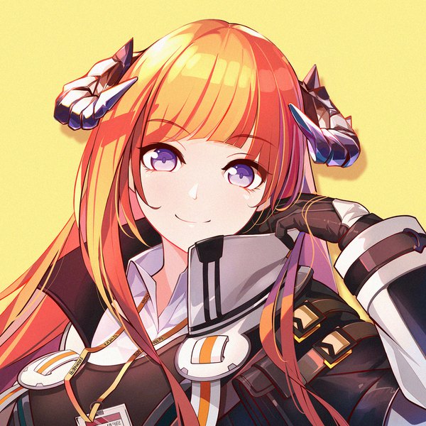 Anime picture 1792x1792 with arknights bagpipe (arknights) rabe26k single long hair looking at viewer blush fringe highres simple background smile purple eyes upper body head tilt arm up orange hair portrait yellow background girl gloves