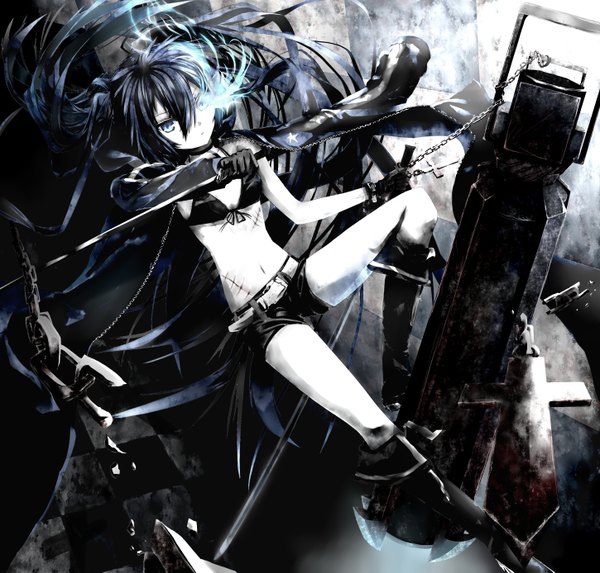 Anime picture 2900x2773 with black rock shooter black rock shooter (character) jebura single long hair highres blue eyes black hair twintails absurdres midriff glowing scar glowing eye (eyes) pale skin arm cannon girl navel weapon swimsuit