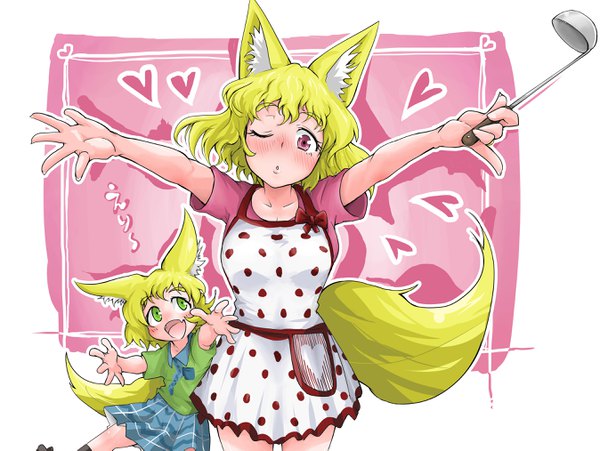 Anime-Bild 2694x2025 mit original shuumatsu kitsune-san (doitsuken) kitsune musume (doitsuken) doitsuken looking at viewer blush highres open mouth simple background blonde hair smile standing multiple girls holding green eyes animal ears looking away tail parted lips :d