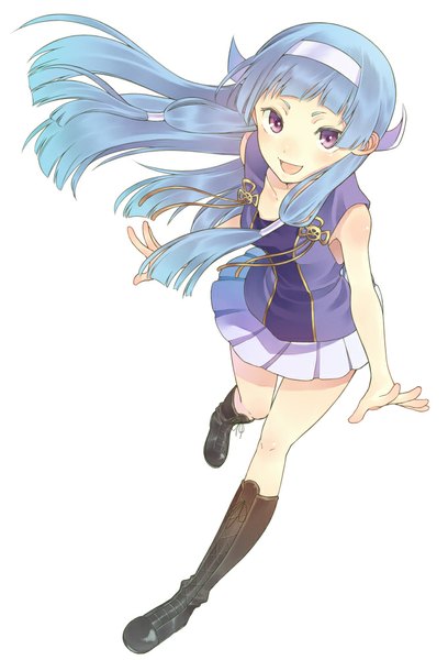 Anime picture 680x1000 with kannagi nagi (kannagi) t-okada single long hair tall image open mouth simple background white background purple eyes blue hair girl dress skirt boots hairband