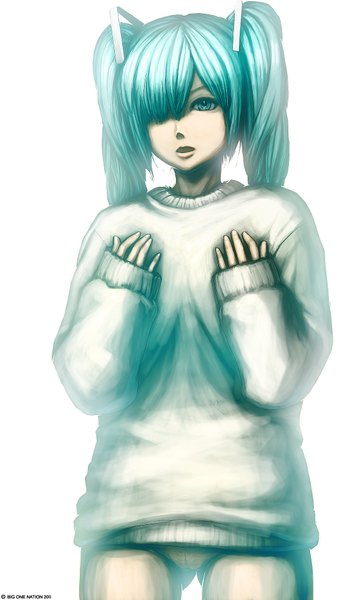 Anime picture 1080x1920 with vocaloid hatsune miku raichi single long hair tall image fringe simple background white background twintails aqua eyes hair over one eye aqua hair girl sweater
