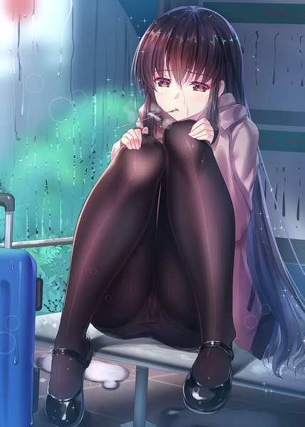 Anime picture 857x1200 with original zha yu bu dong hua single long hair tall image looking at viewer blush fringe light erotic black hair hair between eyes brown hair sitting holding payot full body outdoors ass fingernails sparkle