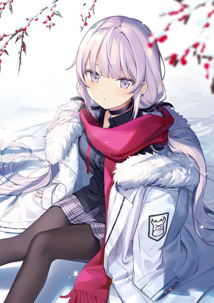 Anime picture 1200x1697 with original urata asao single tall image looking at viewer sitting purple eyes twintails purple hair very long hair open jacket fur trim low twintails snow girl pantyhose choker jacket black pantyhose scarf