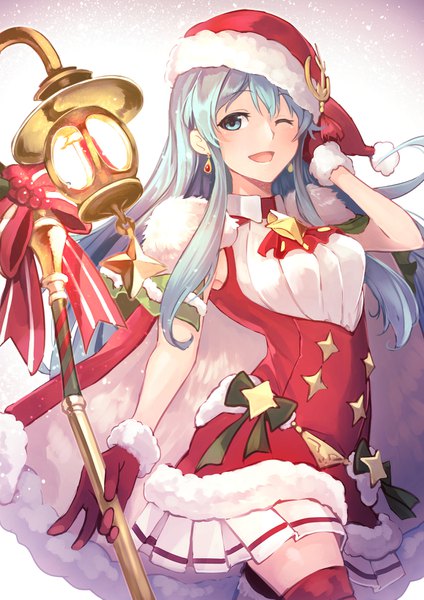 Anime picture 1158x1637 with fire emblem fire emblem heroes fire emblem: the sacred stones nintendo eirika nakabayashi zun single long hair tall image looking at viewer blush fringe open mouth blue eyes blue hair pleated skirt one eye closed fur trim christmas ;d