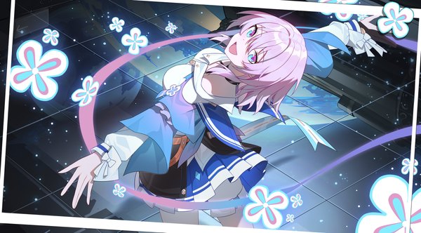 Anime picture 5258x2906 with honkai: star rail honkai (series) march 7th (honkai: star rail) sye- single looking at viewer fringe highres short hair open mouth hair between eyes wide image pink hair absurdres :d from above spread arms framed multicolored eyes girl