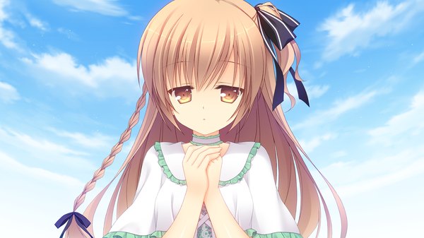 Anime picture 1280x720 with sora tobu hitsuji to manatsu no hana kokuyou ran tanihara natsuki single long hair looking at viewer blush brown hair wide image yellow eyes game cg sky cloud (clouds) braid (braids) hand on chest girl dress ribbon (ribbons) hair ribbon